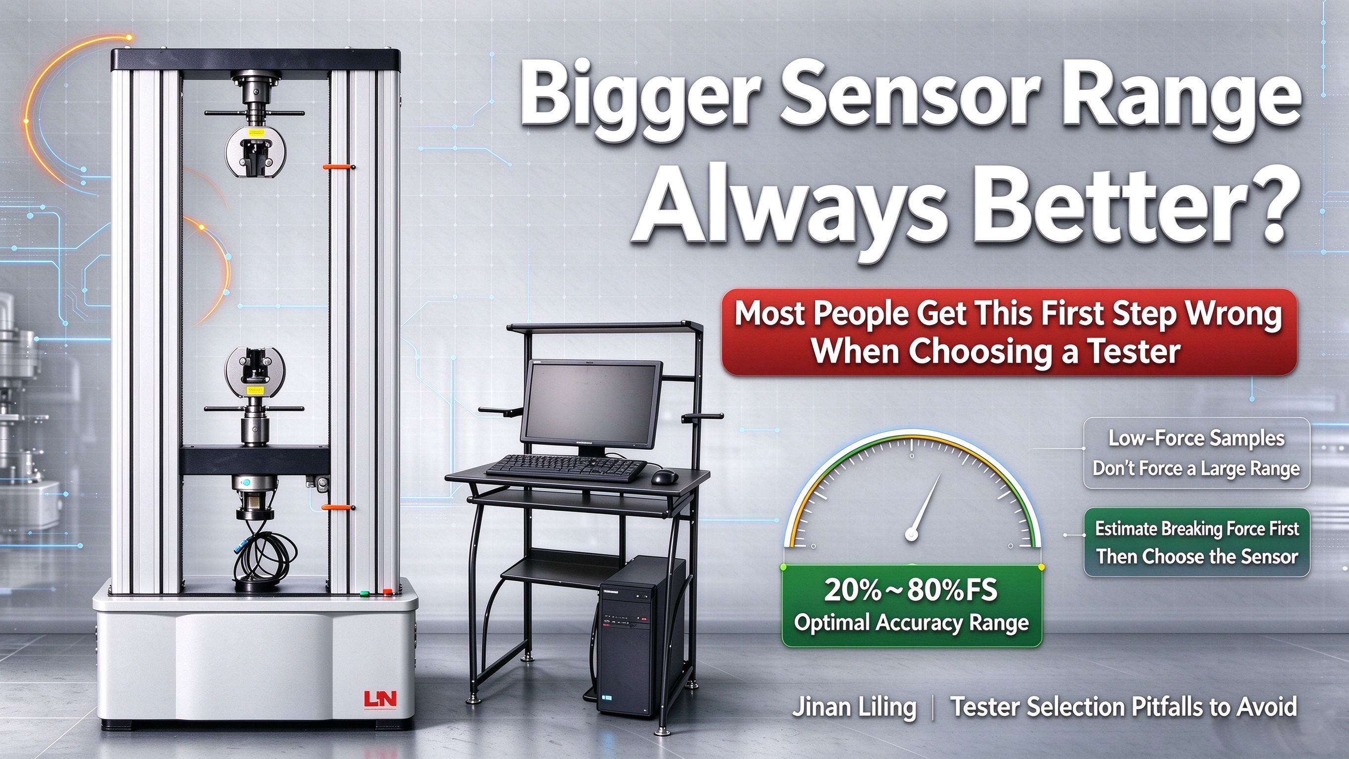 The larger the sensor range, the better. Many people choose the testing machine wrong in the first step.